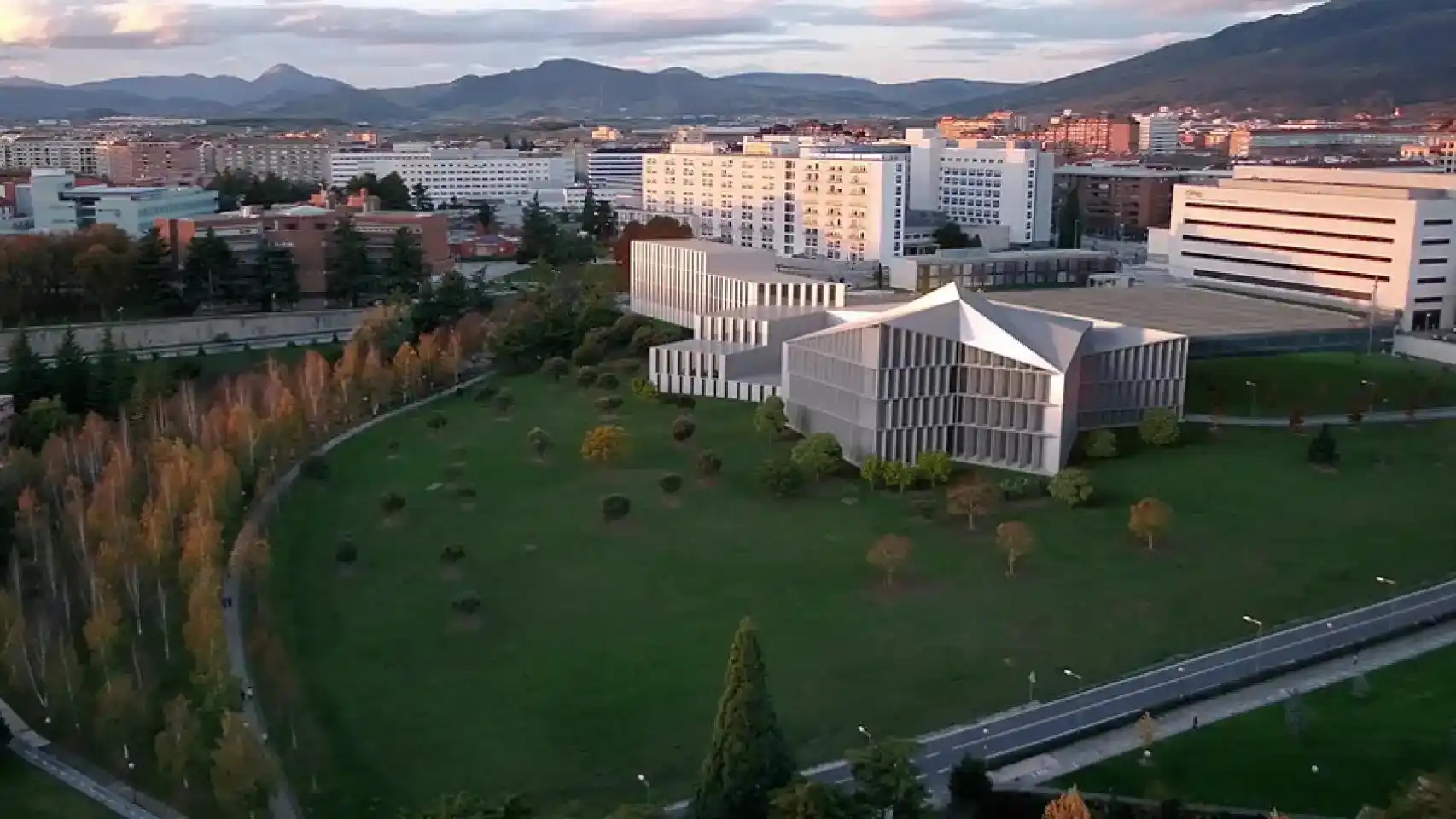 Campus with modern buildings and trees.